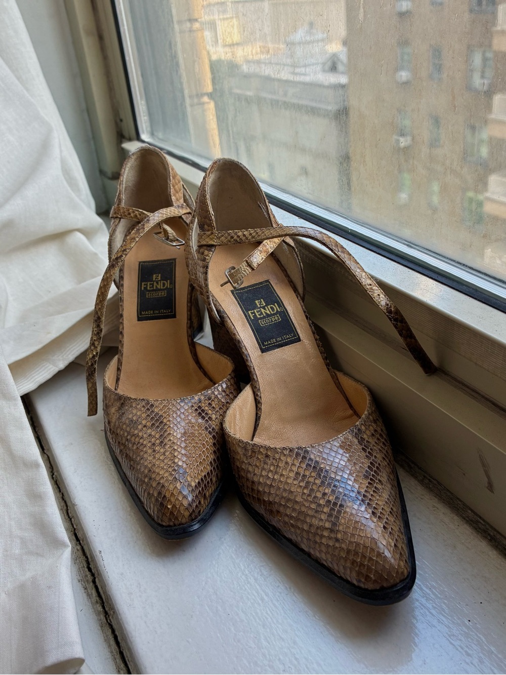 Fendi Brown Snakeskin Pointed-Toe Ankle-Strap Pumps